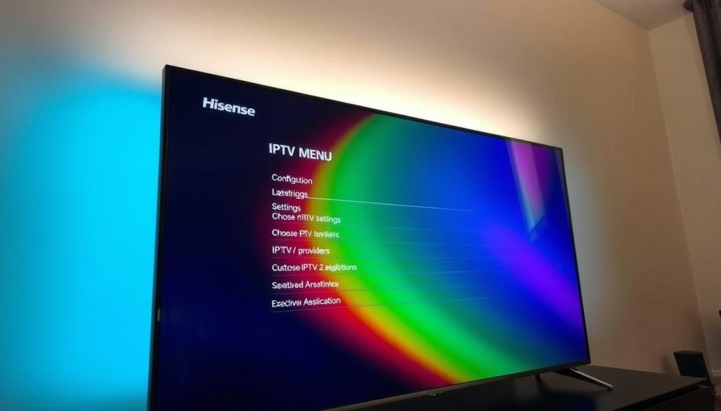 A sleek Hisense smart TV displays the IPTV setup menu on its vibrant 4K screen. The UI is clean and intuitive, with clear options for configuring network settings, choosing IPTV providers, and customizing the viewing experience. Soft lighting illuminates the scene, creating a warm and inviting atmosphere. The TV is positioned at a slight angle, captured by a camera with a wide-angle lens to showcase the full setup. The image conveys a sense of technological sophistication and user-friendliness, perfect for guiding readers through the IPTV installation process on Hisense and TCL smart TVs.