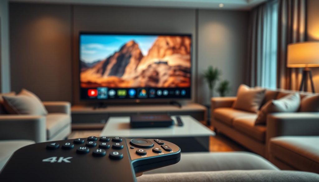 A sleek and modern 4K IPTV streaming interface, featuring a minimalist design with clean lines and a dark color palette. The screen displays a vibrant and detailed 4K video, showcasing the premium video quality. In the foreground, a high-end remote control with tactile buttons and a glossy finish is prominently displayed, emphasizing the seamless user experience. The middle ground features several streaming devices, such as a sleek set-top box and a compact HDMI dongle, highlighting the versatility of the 4K IPTV service. The background depicts a sophisticated living room setting, with plush furniture and warm, directional lighting, creating a cozy and immersive atmosphere for the ultimate 4K streaming experience.