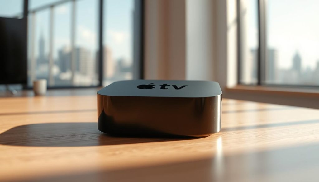 A sleek and modern Apple TV device resting on a clean, minimalist wooden surface. The device is prominently featured, showcasing its iconic design with smooth, rounded edges and the familiar Apple logo. Soft, natural lighting illuminates the scene, creating a warm and inviting atmosphere. In the background, a blurred urban skyline can be seen through a large window, hinting at the device's versatility and connectivity. The composition emphasizes the Apple TV's role as a hub for IPTV services, its seamless integration with the Apple ecosystem, and its potential to enhance the living room experience.
