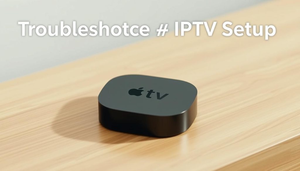 A sleek and modern Apple TV device resting on a minimalist wooden surface, its minimalist design accentuated by soft, directional lighting. The device is the focal point, surrounded by a clean and uncluttered background, allowing the viewer to focus on troubleshooting the IPTV setup. The scene conveys a sense of professionalism and technical expertise, with a subtle hint of the article's subject matter in the form of the Apple TV device itself.