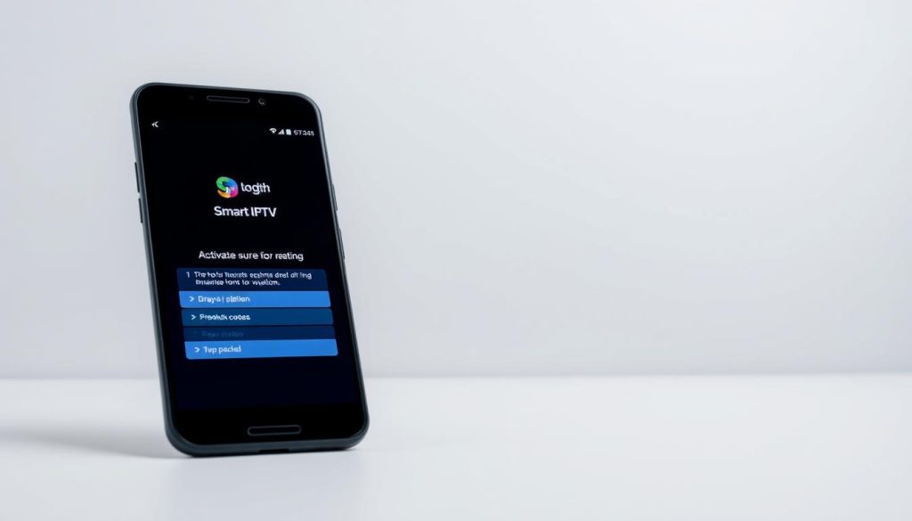 A sleek and modern smartphone screen displaying the "Smart IPTV" logo against a clean, minimalist background. The screen shows a step-by-step activation process, with clear instructions and options for the user to follow. The lighting is soft and even, highlighting the device's premium design and the intuitive user interface. The camera angle is slightly elevated, creating a sense of authority and professionalism. The overall atmosphere conveys a sense of simplicity, efficiency, and technological sophistication.