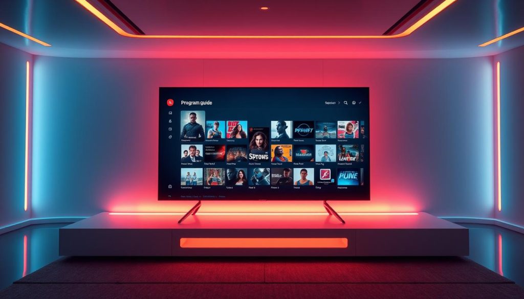 A sleek, futuristic user interface with a vibrant, high-definition electronic program guide (EPG) prominently displayed on a widescreen display. The EPG shows a grid of upcoming TV shows and movies, with detailed information about each title, including synopses, cast, and air times. The interface features a minimalist, modern design with clean lines, subtle gradients, and intuitive icons, creating an immersive and seamless viewing experience. The scene is bathed in a warm, ambient lighting that enhances the clarity and vibrancy of the display, drawing the viewer's attention to the EPG's rich, informative content. The overall atmosphere conveys a sense of technological sophistication and user-friendly functionality, reflecting the power and versatility of the TiviMate application.