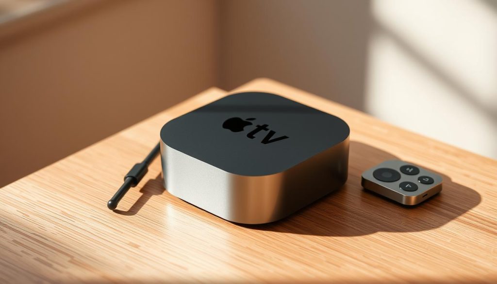 A sleek, modern Apple TV device resting on a minimalist wooden surface, its elegant design and aluminum chassis casting soft shadows. The device is flanked by a wireless remote and a cable, symbolizing the seamless integration of IPTV streaming capabilities. The background is a subtle, blurred gradient, evoking a sense of sophistication and technological advancement, complementing the refined aesthetic of the Apple TV. The scene is illuminated by warm, natural lighting, creating a inviting and approachable atmosphere, reflecting the user-friendly nature of the IPTV setup process.