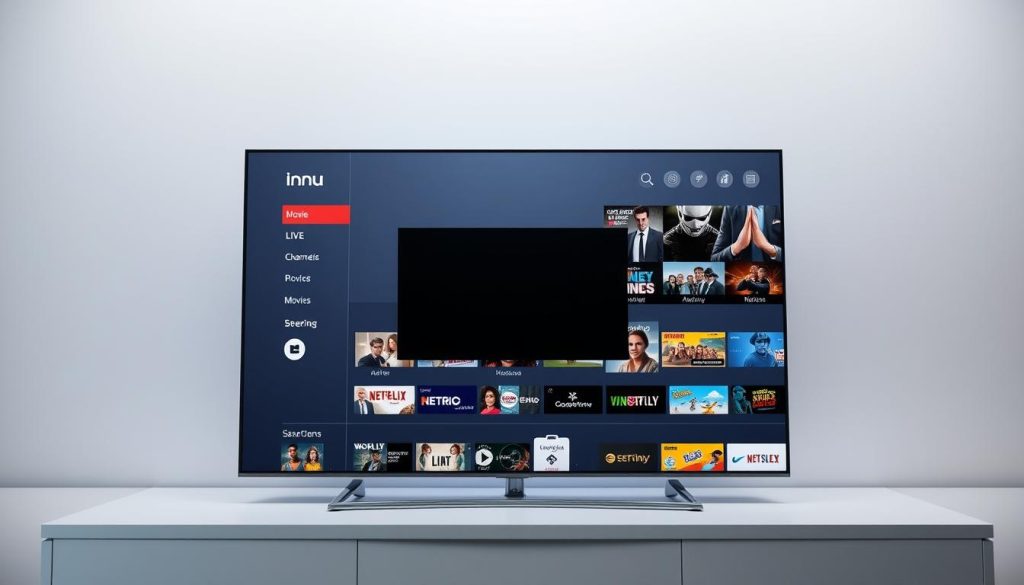 A sleek, modern IPTV interface showcased on a high-resolution display, with a clean and intuitive layout. The foreground features a central video player window, surrounded by a minimalist menu system with clear iconography and easily accessible options. The middle ground includes customizable content tiles, displaying a variety of live TV channels, on-demand movies, and streaming services. The background is a subtle, gradient-based design that provides a sophisticated and immersive visual experience. Soft, indirect lighting creates a sense of depth and clarity, while the camera angle suggests a slightly elevated perspective, allowing the user to appreciate the interface's elegant and user-friendly design.