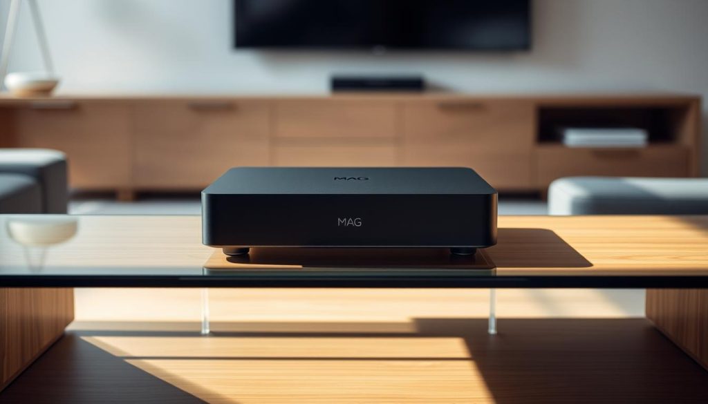 A sleek, modern Infomir MAG box sits prominently on a minimalist wood-and-glass media console. Soft, directional lighting accentuates the clean lines and matte black finish of the device, creating a sense of sophisticated technology. The box is photographed from a slightly elevated angle, allowing the viewer to appreciate its streamlined design and small footprint. The background is a neutral, blurred living room setting, keeping the focus entirely on the Infomir MAG box as the central subject. An air of quiet confidence and timelessness pervades the scene, hinting at the enduring appeal and functionality of this streaming media device.