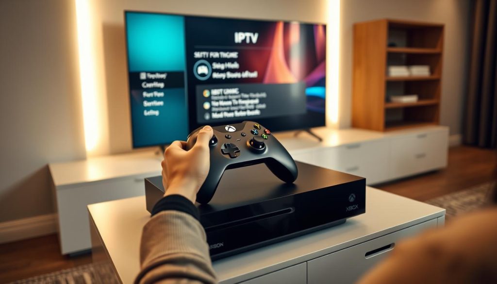 A sleek, modern Xbox console sits atop a clean, minimalist entertainment unit. The user's hands skillfully navigate the controller, guiding the on-screen interface as they set up an IPTV service. The room is bathed in warm, soft lighting, creating a cozy, inviting atmosphere. In the background, a large, high-definition TV displays the IPTV setup menu, its crisp, vibrant visuals standing out against the muted, neutral tones of the room. The entire scene conveys a sense of effortless technology integration, as the user seamlessly bridges the gap between their Xbox and the world of internet-based television.