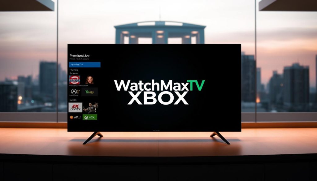 A sleek, modern interface showcasing the WatchMaxTV IPTV service, designed specifically for Xbox users. In the foreground, a high-definition display presents a selection of premium live TV channels and on-demand content, with a clean, intuitive menu system. The middle ground features the WatchMaxTV logo, rendered in a bold, eye-catching typographic style. In the background, a subtle, futuristic cityscape sets the scene, conveying a sense of urban sophistication and technological prowess. The lighting is warm and inviting, creating a welcoming atmosphere for the Xbox user to immerse themselves in the ultimate multimedia experience.