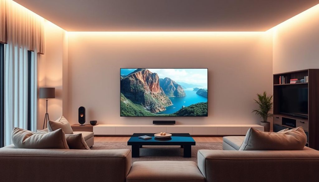 A sleek, modern living room with a large, state-of-the-art 4K IPTV display as the centerpiece. The screen shows a stunning 4K nature documentary, with vibrant colors and incredible detail. Soft, diffused lighting from overhead creates a warm, inviting atmosphere. The room is spacious and minimalist, with clean lines and neutral tones that allow the image on the screen to take center stage. A few plush, comfortable seating options are arranged around the display, inviting viewers to sit back and fully immerse themselves in the 4K experience. The overall scene conveys the promise of high-quality, ultra-HD entertainment in the comfort of one's own home.