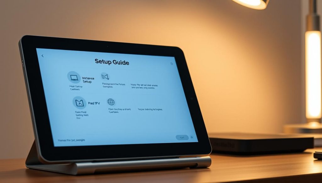 A sleek, modern setup guide for the TiviMate IPTV player, displayed on a high-resolution tablet device. The screen shows a clean, intuitive interface with step-by-step instructions, accompanied by simple, minimalist icons and illustrations. The tablet is placed on a well-organized desk, with a minimalist lamp providing soft, directional lighting. The background is a blurred, neutral tone, keeping the focus on the device and its content. The overall mood is one of simplicity, clarity, and accessibility, perfectly suited for both beginner and expert IPTV users.