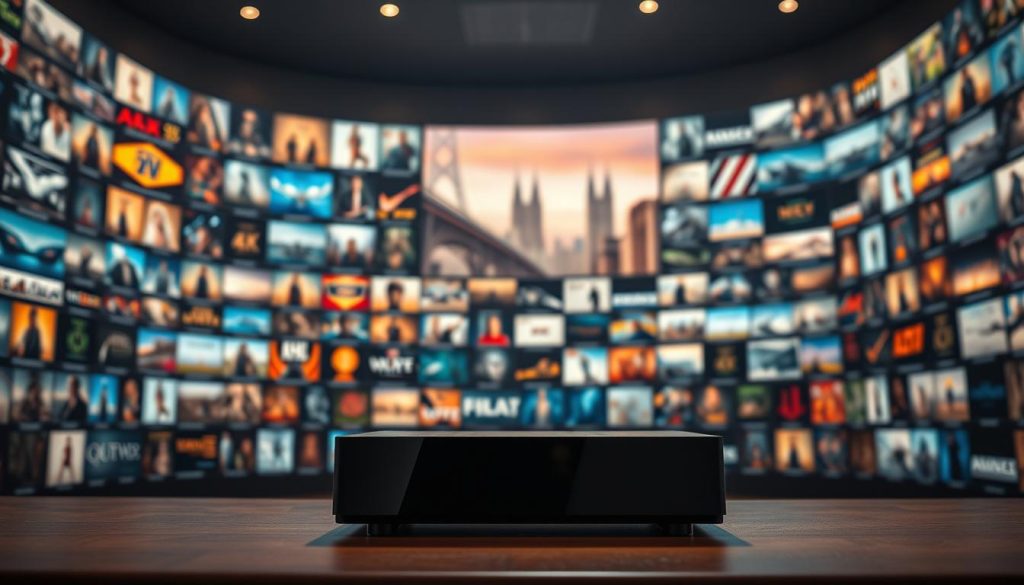 A sprawling 4K IPTV content library, brimming with a vast array of ultra-high-definition films, TV shows, and live channels. The scene is bathed in a warm, cinematic lighting, creating a cozy and immersive atmosphere. In the foreground, a sleek, modern IPTV set-top box stands prominently, its interface showcasing a diverse selection of 4K titles. The middle ground features a collage of dynamic thumbnail images, representing the breadth of the 4K content available, from action-packed blockbusters to stunning nature documentaries. In the background, a subtle, out-of-focus cityscape hints at the global reach and accessibility of the IPTV platform. The overall composition conveys a sense of high-quality, on-demand entertainment at the user's fingertips.