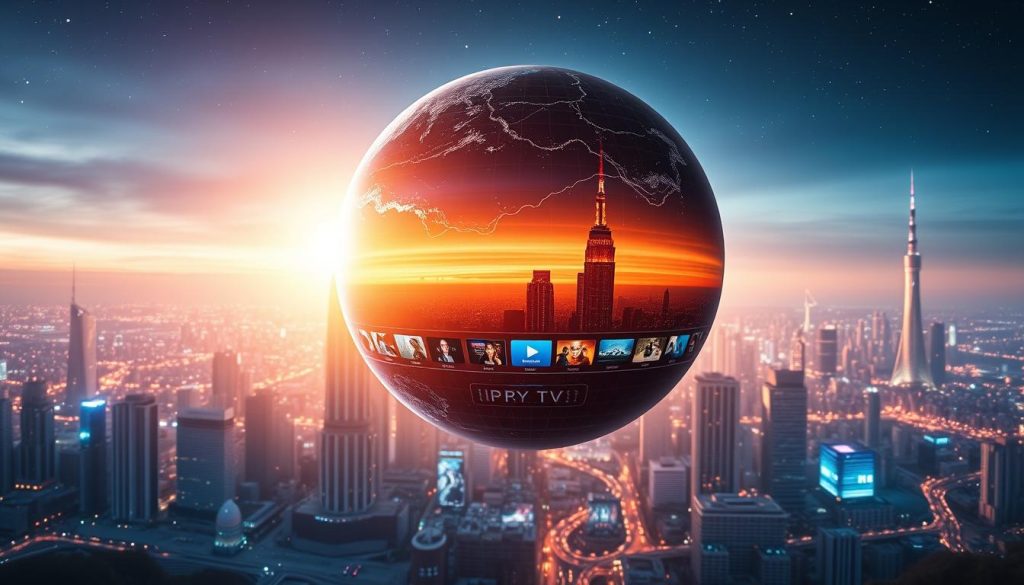 A sweeping digital landscape, a vibrant planet IPTV interface hovers in the foreground, its sleek design and intuitive controls illuminated by soft, ambient lighting. In the middle ground, a myriad of streaming icons and media content thumbnails cascade across the screen, showcasing the breadth of features and entertainment options. The background depicts a futuristic cityscape, with towering skyscrapers and holographic displays, hinting at the boundless connectivity and technological advancements that underpin the IPTV experience. The overall scene radiates a sense of innovation, seamless integration, and the promise of a truly immersive digital entertainment ecosystem.