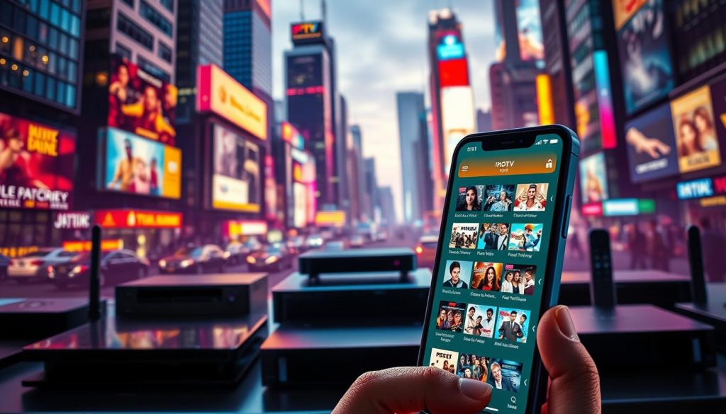 A vibrant and captivating scene showcasing the allure of free IPTV playlist services. In the foreground, a smartphone displays a sleek interface with an array of content options, the screen's glow illuminating the user's face with a sense of wonder. In the middle ground, an array of streaming devices and media players stand ready to access these free services, their sleek designs hinting at the technological prowess within. The background features a bustling cityscape, with towering skyscrapers and neon-lit signage, a testament to the ubiquity of digital entertainment in the modern world. Lighting is crisp and directional, accentuating the dynamic composition and creating a sense of depth and atmosphere. The overall mood is one of excitement and anticipation, capturing the allure of free, accessible entertainment at the fingertips.