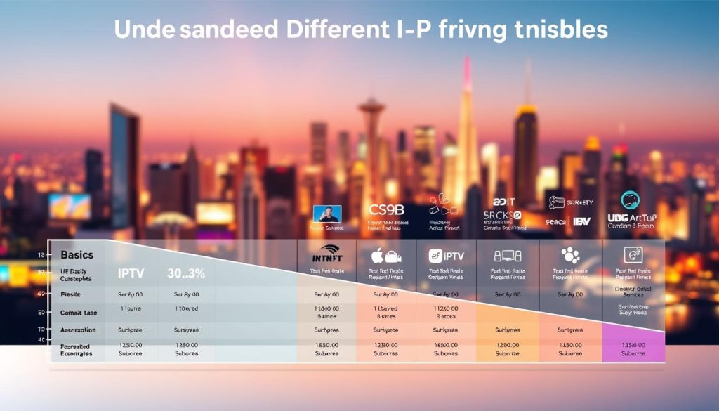 A vibrant and informative illustration of various IPTV pricing models. In the foreground, a clear graph showcases a range of subscription tiers, from basic to premium, with detailed pricing breakdowns. In the middle ground, various IPTV services are depicted, each with unique feature sets and value propositions. The background features a cityscape, symbolizing the global reach and accessibility of IPTV technology. The scene is bathed in a warm, inviting lighting, creating a sense of clarity and professionalism. The overall composition strikes a balance between informative data visualization and visually appealing design, perfectly suited to illustrate the section on "Understanding Different IPTV Pricing Models".
