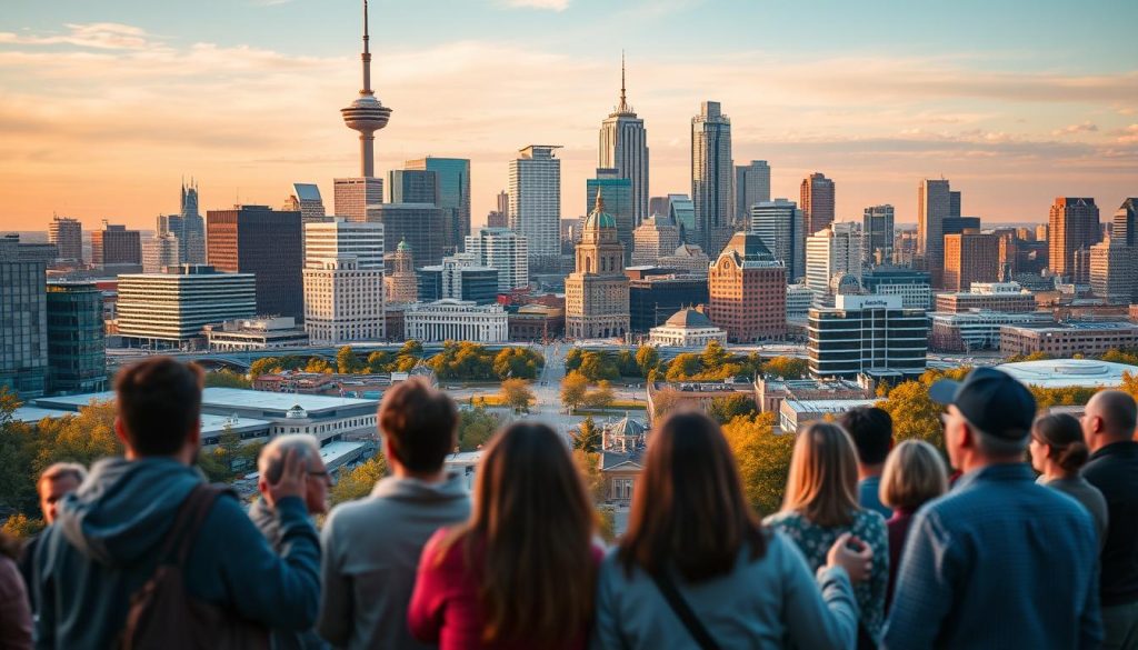 A vibrant cityscape of Edmonton, Alberta, Canada, showcasing the modern architecture and bustling activity of the city. In the foreground, a group of residents enjoying the benefits of IPTV services, with sleek digital devices and content streaming on their screens. The middle ground features the iconic skyline of downtown Edmonton, with its mix of high-rise buildings and historical landmarks. The background is filled with a warm, golden-hour glow, casting a welcoming atmosphere over the scene. The image captures the convenience, entertainment, and technological advancements that IPTV provides for the local community.
