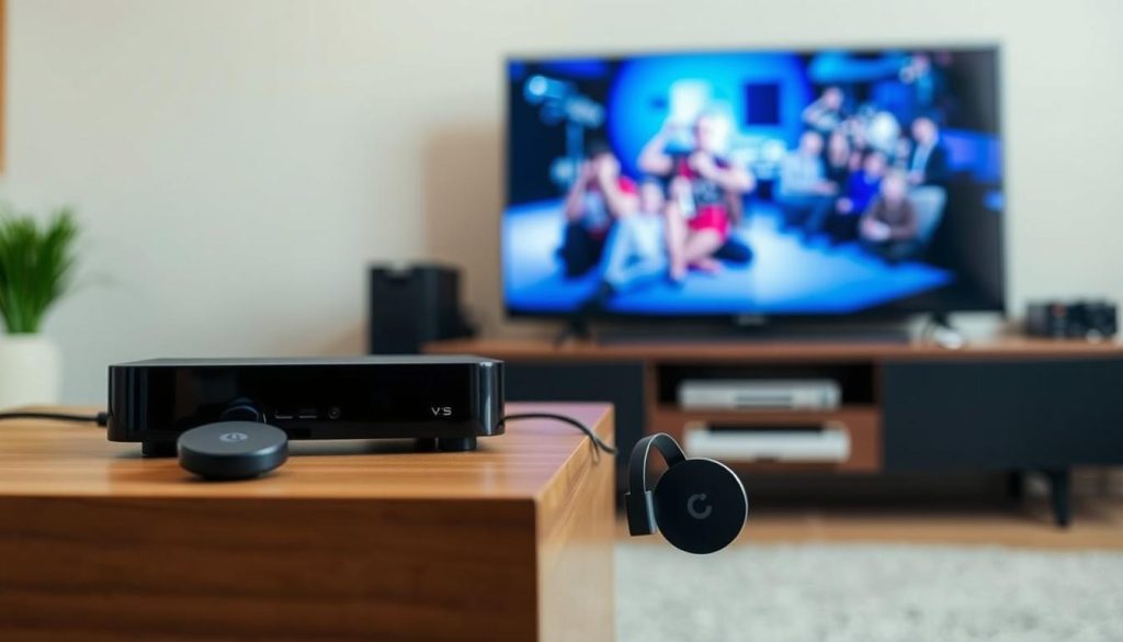 A well-lit indoor scene depicting the essential setup for casting IPTV to a Chromecast with Google TV. In the foreground, a modern IPTV streaming device sits atop a minimalist wooden entertainment center, its sleek black design contrasting with the warm tones of the wood. Beside it, a Chromecast with Google TV device is plugged into an HDMI port, its subtle LED light indicating its readiness. In the middle ground, a high-definition television displays a crisp, vibrant image, hinting at the quality of the IPTV content. The background is softly blurred, allowing the focus to remain on the core equipment needed for this setup. The overall mood is one of simplicity, efficiency, and a sense of anticipation for the IPTV viewing experience to come.