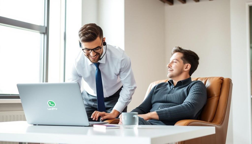 A well-lit interior office scene with a customer service agent assisting a customer over a WhatsApp video call. The agent, dressed in a crisp white shirt and blue tie, is leaning forward with a warm smile, guiding the customer through the Lux IPTV platform on their laptop. The customer, sitting comfortably in a plush leather chair, nods along attentively. Soft natural light filters in through the large windows, creating a calm and professional atmosphere. The Lux IPTV logo is subtly displayed on the agent's computer screen. The scene conveys a sense of efficient and personalized customer support.