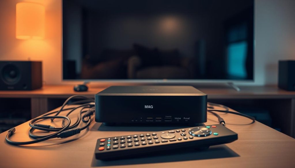 A well-lit, professional-grade home entertainment setup featuring a sleek, modern MAG box positioned prominently on a minimalist media console. The box's matte black exterior and clean lines create a sophisticated, tech-savvy aesthetic. Surrounding it, various cables and connectors are neatly organized, hinting at the box's versatile connectivity options. In the foreground, a high-end remote control rests on the console, ready for seamless operation. The lighting is warm and indirect, creating a cozy, inviting atmosphere perfect for immersive media consumption. In the background, a large, high-definition display stands ready to bring the MAG box's capabilities to life, showcasing its role as the centerpiece of a premium home entertainment system.