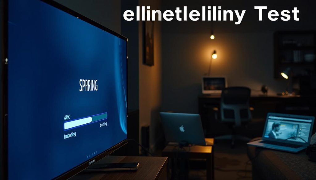 Detailed scene of a struggling digital planet IPTV service. In the foreground, a 4K smart TV screen displays a spinning buffering icon, signaling unreliable internet connectivity. The middle ground shows a home networking setup with a wireless router and various connected devices, all seemingly overwhelmed by the high bandwidth demands. In the background, a dimly lit home office environment with a laptop, cables, and technical equipment hints at the technical complexity behind the service. Dramatic lighting from a single side casts deep shadows, creating a sense of tension and uncertainty around the IPTV's dependability. The overall mood is one of frustration and uncertainty, reflecting the "reliability test" framing of the article section.