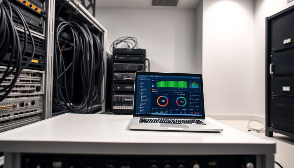 Detailed technical infrastructure for an IPTV reseller business, captured in a clean, minimalist style. In the foreground, a server rack with various network and streaming equipment, cables neatly organized. In the middle ground, a laptop displaying an IPTV dashboard, showing real-time data and metrics. The background features a clean, white room with subtle lighting, conveying a sense of professionalism and efficiency. The overall tone is one of a well-planned, high-performance IPTV reseller setup, ready to deliver reliable service to customers.