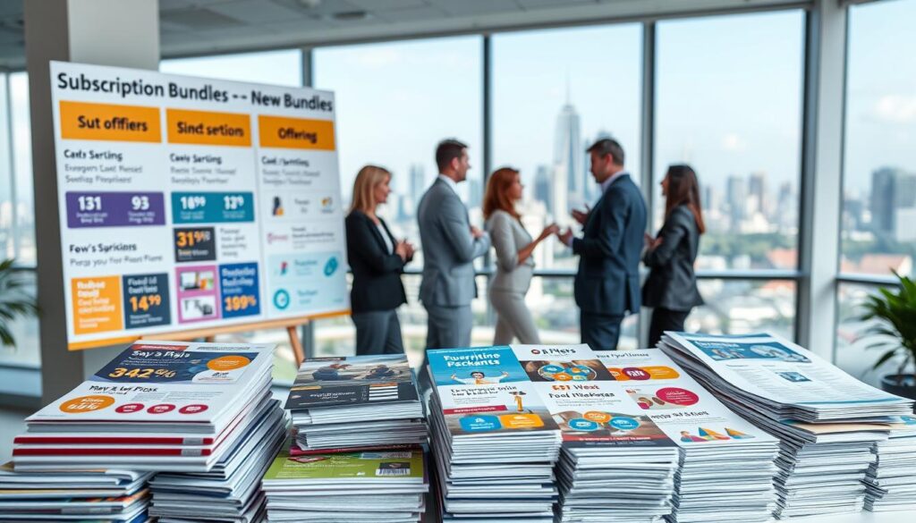 A bright, modern office setting with a large display board showcasing various subscription bundles and promotional offerings. In the foreground, neatly arranged stacks of colorful brochures and flyers highlight the diverse service packages, each with eye-catching icons and infographics. In the middle ground, a group of professionals engages in a lively discussion, gesturing towards the display board as they discuss the new bundles. The background features a panoramic city skyline, conveying a sense of urban dynamism and growth. Soft, diffused lighting creates a professional, yet welcoming atmosphere, while a shallow depth of field keeps the focus on the key elements of the scene.