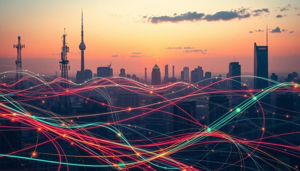 A bustling city skyline at dusk, with towering 5G cellular towers and WiFi routers emitting a cacophony of radio waves. In the foreground, a chaotic web of colorful interference patterns ebbs and flows, distorting the cityscape behind it. Glowing bands of electromagnetic energy swirl and collide, creating a dynamic, almost liquid-like visual. The scene is bathed in a warm, hazy glow, conveying the unseen complexity of wireless networks and the importance of managing interference for reliable, high-quality connectivity. A wide-angle lens captures the sense of scale and interconnectedness, while intricate details in the foreground draw the eye into the technical heart of the image.
