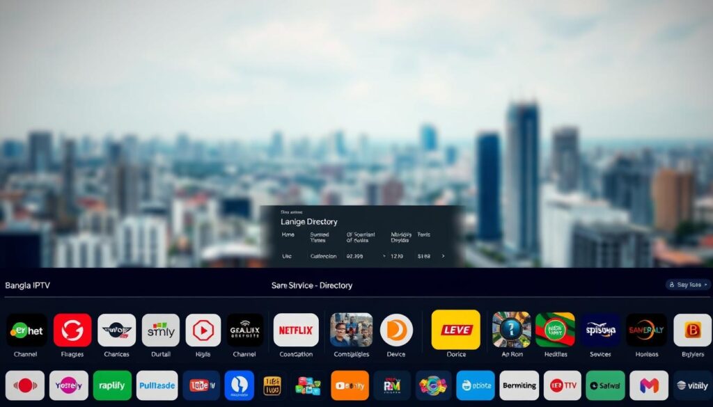 A bustling service directory showcasing the leading Bangla-focused IPTV options. In the foreground, a grid of modern app icons and logos representing the top streaming platforms, meticulously rendered with clean lines and vibrant colors. The middle ground features a sleek interface displaying channel lineups, subscription details, and device compatibility. In the background, a blurred cityscape of Dhaka skyline, conveying the dynamic urban landscape of Bangladesh's thriving media ecosystem. Subtle lighting from above casts a professional, authoritative tone, while a shallow depth of field focuses the viewer's attention on the essential service details. The overall composition captures the comprehensive, user-friendly nature of today's Bangla IPTV landscape.