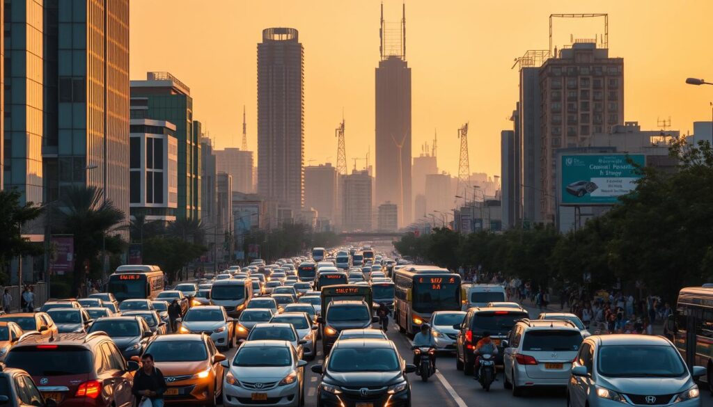 A bustling urban landscape during the evening rush hour. In the foreground, a crowded street with a steady stream of vehicles - cars, buses, and the occasional motorcycle weaving through traffic. Pedestrians hurry along the sidewalks, their faces illuminated by the glow of smartphone screens. Towering skyscrapers rise in the middle ground, their windows reflecting the warm hues of the setting sun. In the background, a hazy skyline is punctuated by the flashing lights of communication towers, suggesting the constant connectivity and data flow of a modern metropolis. The scene is bathed in a warm, golden light, creating a sense of energy and vitality, yet also hinting at the potential strains of high demand on infrastructure and services during peak hours.