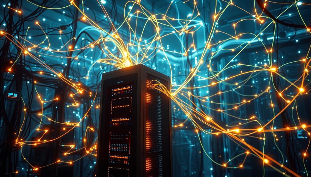 A complex web of interconnected nodes, each pulsing with the flow of digital information. Glowing cables crisscross the scene, carrying data streams through a maze of routers and switches. Soft ambient lighting illuminates the technological landscape, casting a cool, ethereal glow. In the foreground, a sleek server rack stands sentinel, its blinking lights a visual symphony of network activity. Wispy trails of data zip through the air, tracing the pathways of communication that power the modern digital ecosystem. This image captures the intricate infrastructure that enables seamless, high-quality streaming, highlighting the unseen complexity that underpins our connected world.