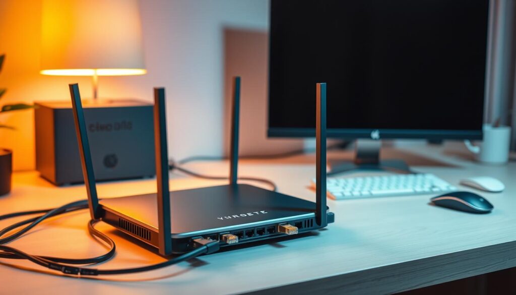 A cozy home network setup with a sleek modern router, neatly organized ethernet cables, and a clean minimalist desk space. The lighting is warm and ambient, creating a comfortable and focused atmosphere. The router stands prominently in the foreground, its LED indicators softly glowing. In the middle ground, cables are carefully routed and secured, ensuring a tidy and efficient layout. The background features a clutter-free workspace with a large monitor, keyboard, and mouse, all in a harmonious color palette. The overall scene conveys a sense of control, organization, and technological sophistication within a home environment.