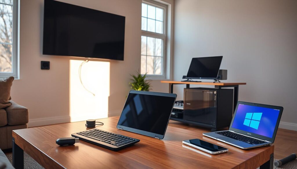 A cozy living room setup with a large flatscreen smart TV mounted on the wall, a sleek black Firestick streaming device plugged in, and a modern wireless keyboard and mouse on a minimalist wood and glass coffee table. Sunlight streams in through large windows, casting a warm glow over the scene. An open laptop rests on an ergonomic standing desk, while a Windows desktop tower sits neatly underneath. An Android tablet and iPhone are casually placed nearby, creating a cohesive tech-savvy atmosphere. The overall vibe is streamlined, functional, and tailored for effortless entertainment and productivity.