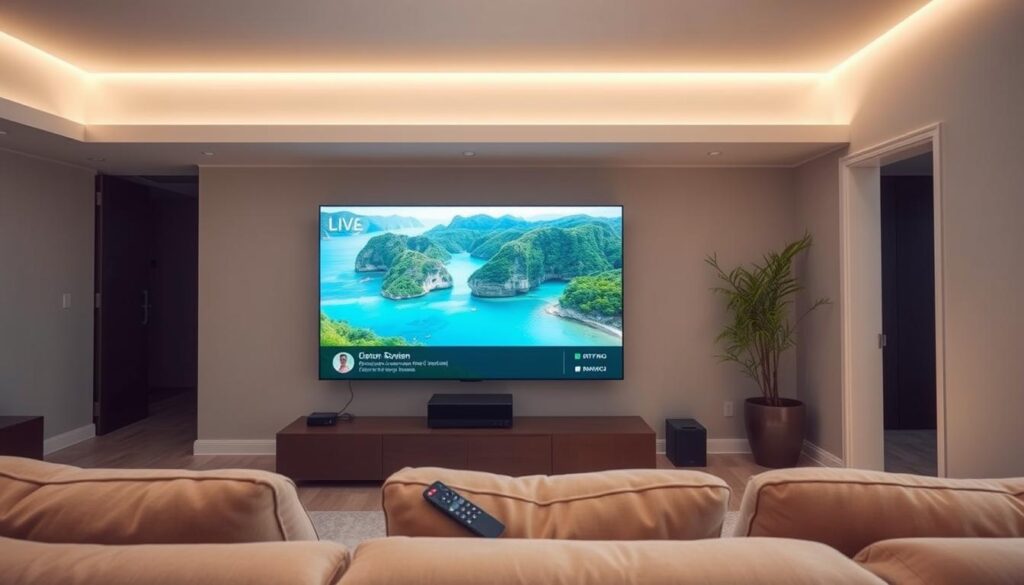 A cozy living room with a large, modern TV displaying a live streaming service. The screen shows a vibrant, high-definition landscape of a lush, tropical paradise. A comfortable armchair sits in the foreground, with a sleek remote control and a streaming device nearby. Soft, indirect lighting creates a warm, inviting atmosphere. The room is minimalist, with clean lines and neutral colors that allow the TV screen to take center stage. The overall scene conveys the ease and convenience of starting a streaming session in a matter of minutes, transporting the viewer to a far-off destination.
