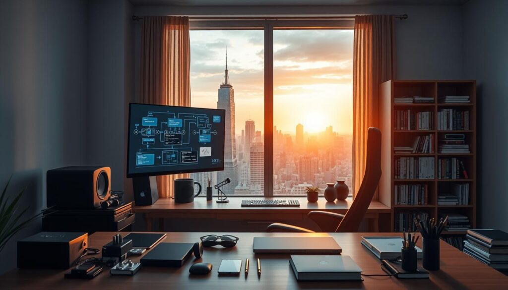 A cozy, well-lit home office setup with a sleek desk, ergonomic chair, and a large monitor displaying a dynamic visualization of data flows and software components. The foreground features various tech gadgets and stationery neatly arranged, while the middle ground showcases a bookshelf filled with programming manuals and reference guides. In the background, a large window overlooking a bustling city skyline, bathed in the warm glow of the setting sun, creating a sense of productivity and creative focus. The lighting is a blend of natural and indirect artificial sources, highlighting the clean, minimalist aesthetic. The overall mood is one of focus, organization, and the preparedness to embark on a new development journey.