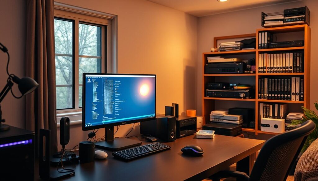 A cozy, well-organized home office setup with a modern desktop computer, a high-quality monitor, a wireless keyboard and mouse, and various smart home devices seamlessly integrated. The space is illuminated by a combination of ambient lighting and a large window, creating a warm, productive atmosphere. Cables are neatly managed, and the desk surface is clear, allowing for efficient workflow. In the background, a bookshelf filled with technical manuals and networking equipment hints at the homeowner's tech-savvy nature, perfectly complementing the IPTV network requirements theme.