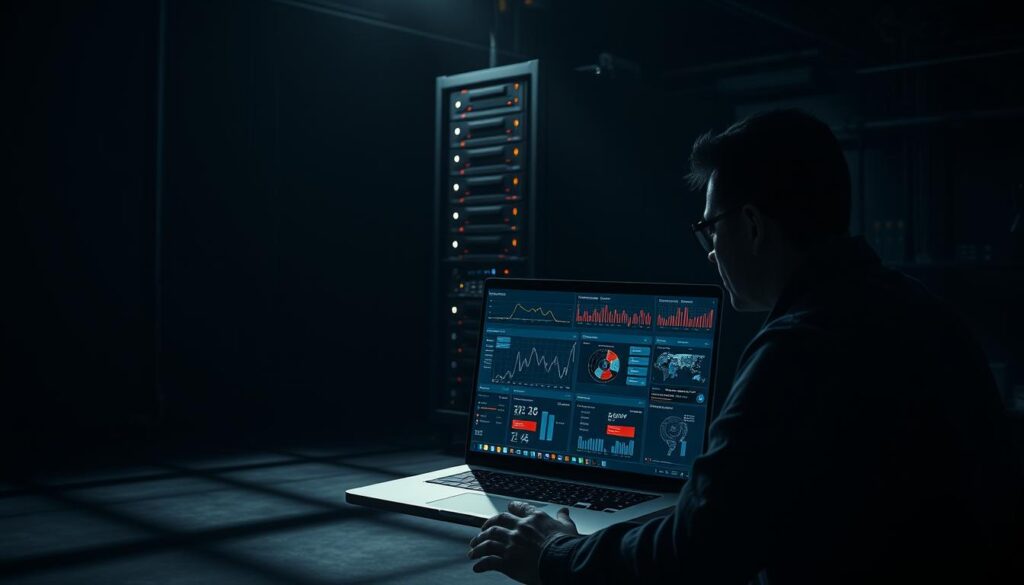 A dark, industrial-style room with ominous shadows casting across the floor and walls. In the foreground, a laptop displays a complex RTMP security dashboard, with intricate graphs, charts, and real-time data streams. The screen's glow illuminates the operator's face, who is intently focused on monitoring the system. In the background, a towering server rack stands, its blinking lights and humming fans creating a sense of technological power and vulnerability. The lighting is moody and dramatic, with a mix of harsh shadows and soft, ambient light, conveying the high-stakes nature of RTMP security in modern media workflows.