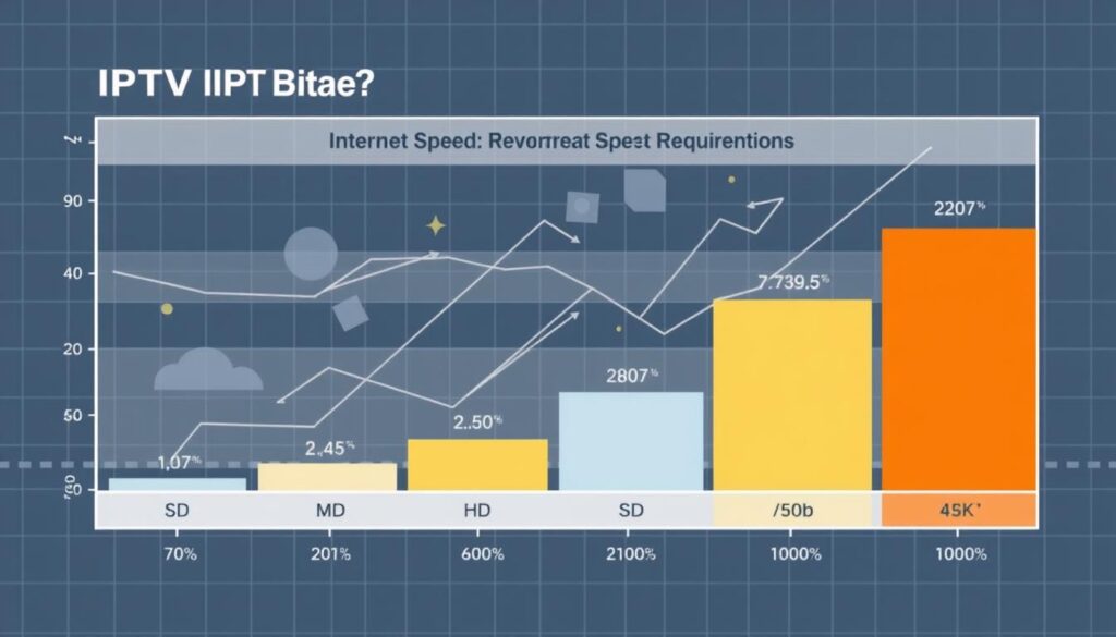 A detailed technical diagram showcasing internet speed requirements for various IPTV resolutions. The foreground displays a clean set of bars representing download speeds in megabits per second (Mbps) for standard definition (SD), high definition (HD), full HD, and 4K video. The middle ground features abstract geometric shapes and data visualization elements like line graphs and percentages, conveying the complex technical specifications. The background is composed of a minimalist grid pattern with subtle blue and gray tones, creating a sense of precision and digital aesthetics. The overall mood is informative and data-driven, with a focus on clearly communicating the technical details relevant to the IPTV bitrate article section.