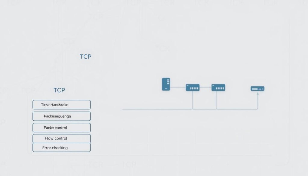 A detailed technical schematic of the Transmission Control Protocol (TCP), presented against a clean, minimalist background. The foreground depicts the core TCP mechanisms, including the three-way handshake, packet sequencing, flow control, and error checking. The middle ground showcases a simplified network topology, with interconnected devices communicating via TCP. The background features subtle grid patterns and clean typography, evoking a sense of order and reliability. Rendered in a muted, professional color palette, the image conveys the robustness and precision of the TCP protocol. Lit from the side to create depth and highlight the various components, the scene is captured with a sharp, technical lens.