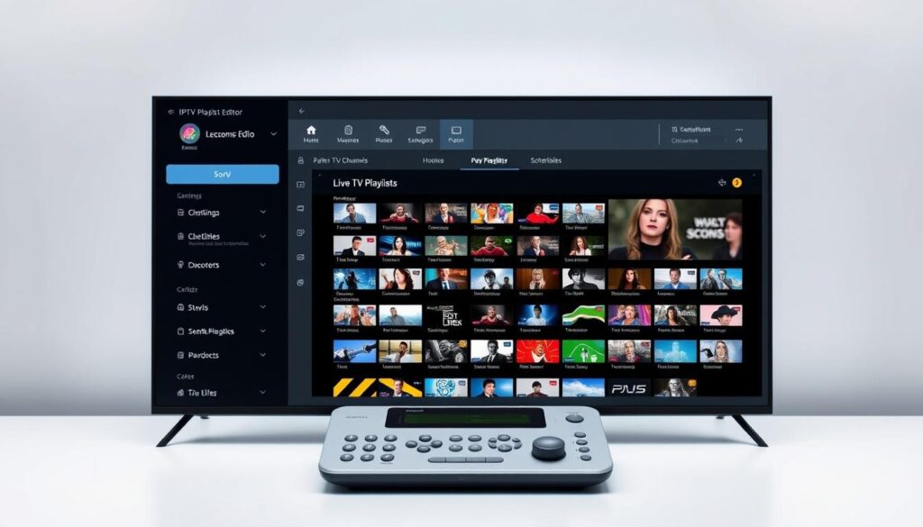 A digital workspace displaying a comprehensive IPTV playlist editor interface. The foreground features a sleek and intuitive control panel with customizable settings, channel listings, and media playback controls. The middle ground showcases a dynamic electronic program guide (EPG) displaying live TV channel information, program schedules, and visual thumbnails. The background maintains a subtle, minimalist aesthetic with muted tones, providing a clean and professional look. The lighting is soft and diffused, creating a well-balanced and visually appealing composition. The overall scene conveys a sense of efficiency, organization, and user-friendly experience for managing IPTV playlists and EPG data.
