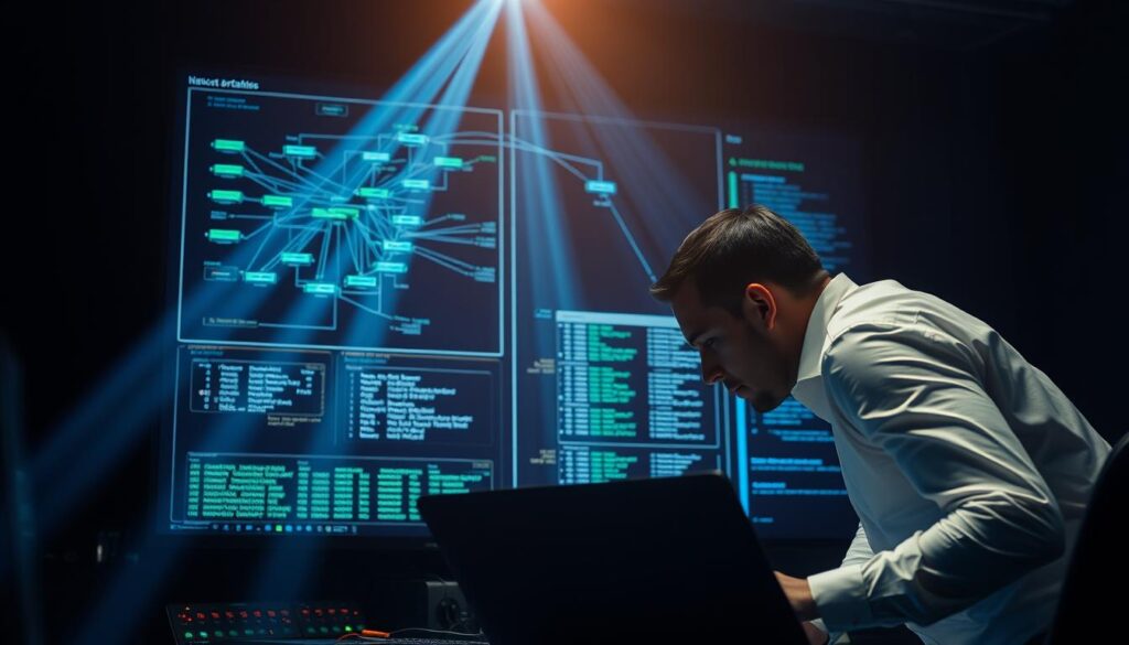 A dimly lit network operations center, with a large display screen showing a complex network topology diagram. In the foreground, a technician in a crisp white shirt leans over a laptop, intently analyzing multicast routing tables and packet flow data. Beams of blue and green light emanate from the display, casting an ethereal glow across the scene. The background is shrouded in shadows, emphasizing the focus and concentration of the troubleshooting process. The overall atmosphere conveys the technical challenge and importance of resolving IPTV multicast issues to ensure reliable, high-quality video delivery.