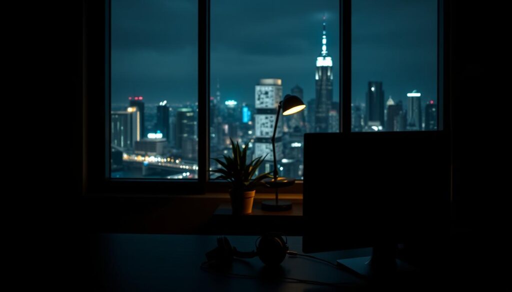A dimly lit office space with a large window overlooking a bustling city skyline. The foreground features a sleek desktop computer and a pair of headphones, symbolizing digital privacy and security. The middle ground showcases a potted plant and a stylish desk lamp, creating a sense of tranquility and focus. In the background, the city lights twinkle, hinting at the interconnected world beyond the private sanctuary. The lighting is soft and moody, casting gentle shadows and highlights to convey a contemplative atmosphere. The scene evokes a sense of digital privacy, where the user can safely navigate the online landscape while maintaining a sense of control and personal space.