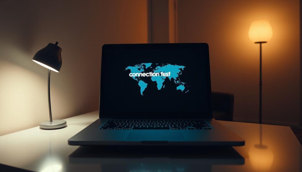 A dimly lit room with a laptop computer on a sleek, modern desk. The laptop screen displays a "connection test" graphic, showing a series of pulsing data packets traveling across a stylized globe. The room is illuminated by a soft, warm light, casting a cozy glow on the scene. The camera angle is slightly elevated, providing a bird's-eye view of the setup. The composition emphasizes the centrality of the laptop screen, drawing the viewer's attention to the "connection test" process. The overall mood is one of focused exploration, with a touch of technological wonder.