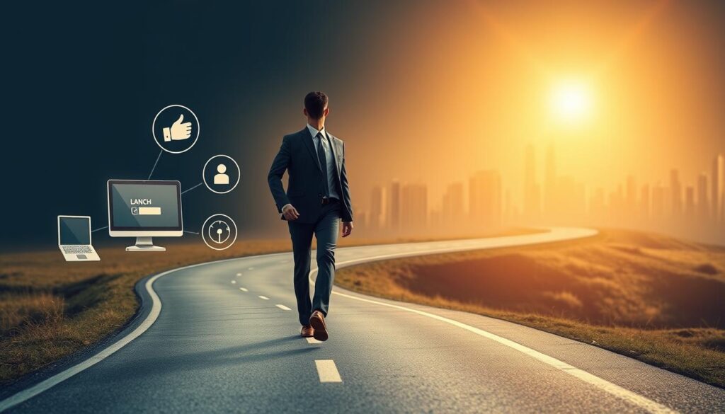 A dynamic, forward-looking scene of a person setting out on a path towards a successful IPTV business launch. The foreground features a confident person in a business suit, striding purposefully down a winding road leading towards a gleaming cityscape in the distance. The middle ground showcases various milestones and signposts along the path, such as a computer, a handshake, and a launch button. The background is illuminated by warm, golden lighting that creates an atmosphere of optimism and achievement. The overall composition conveys a sense of momentum, clarity, and the promise of an exciting journey ahead.