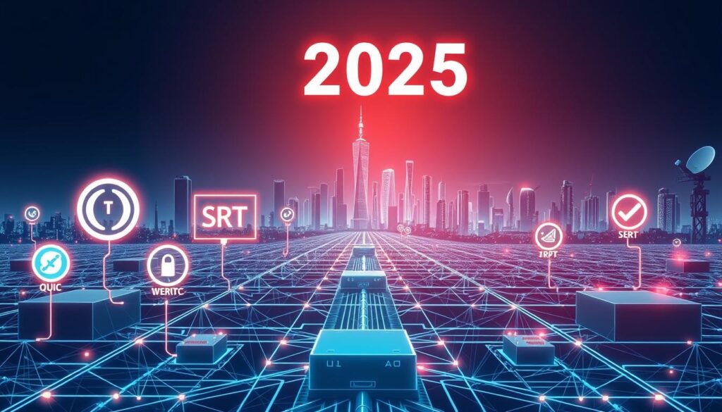 A dynamic, wireframe-styled illustration depicting the modern streaming protocols landscape in 2025. In the foreground, prominent protocols like QUIC, SRT, WebRTC, and LL-HLS are represented as sleek, glowing icons. The middle ground showcases a streamlined, modular network infrastructure with seamless interconnections. In the background, a futuristic city skyline with towering data centers and satellite dishes sets the scene. Lighting is cool-toned, with dramatic shadows and highlights emphasizing the technological prowess. The overall mood is one of innovation, efficiency, and the cutting edge of video streaming technology.