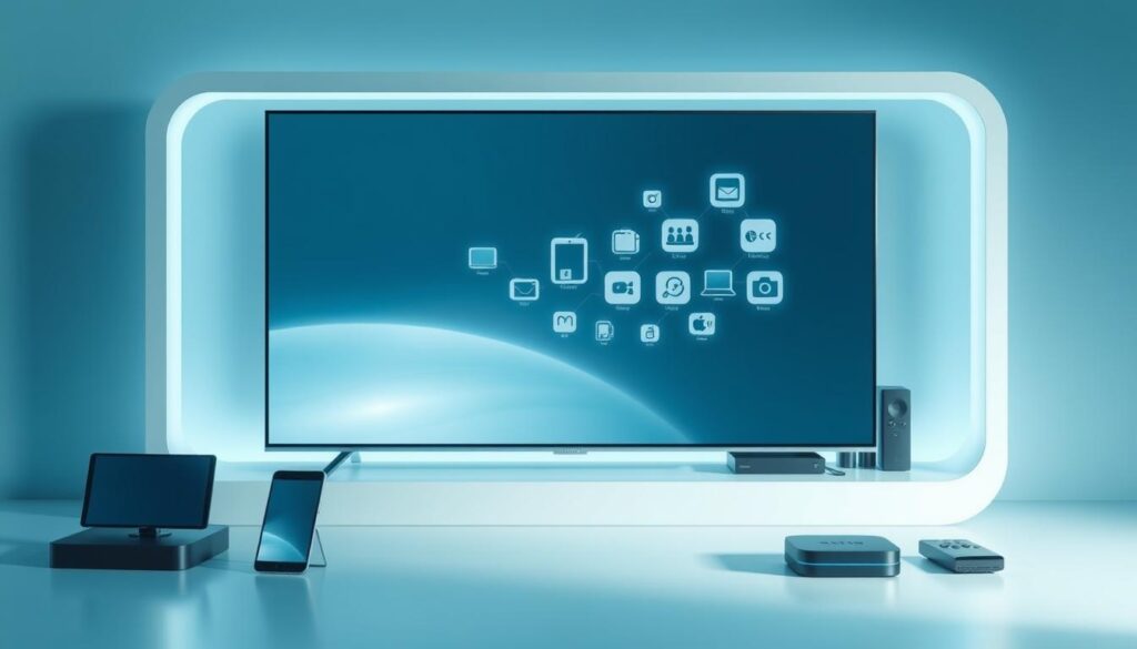 A futuristic Smart TV display showcasing seamless device compatibility. A sleek, minimalist TV frame in the foreground, surrounded by various connected devices such as smartphones, tablets, and streaming boxes. The TV screen displays a dynamic visual of multiple device icons effortlessly syncing and sharing content. Soft blue and teal hues create a modern, tech-savvy atmosphere. Subtle lighting emphasizes the clean, sophisticated design. The overall composition conveys the ease and versatility of smart TV integration across a range of devices.