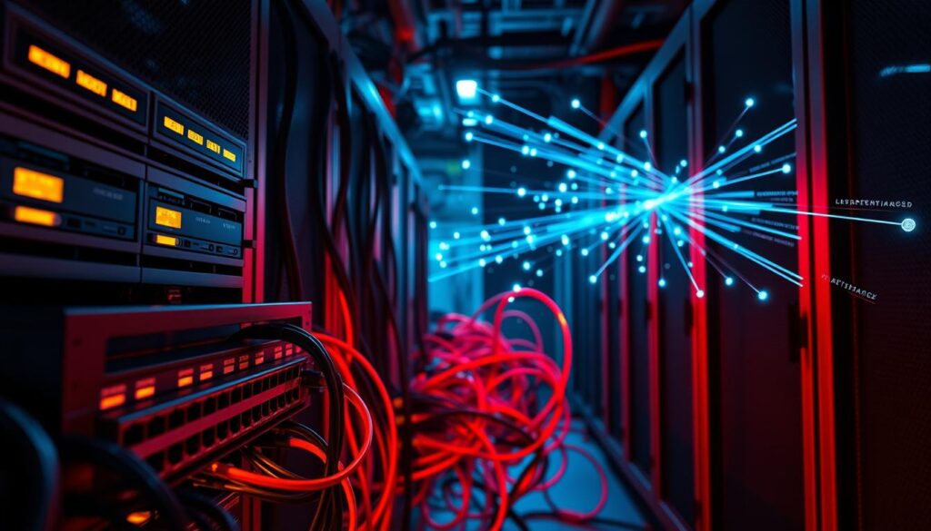 A futuristic data center with advanced networking equipment, illuminated by warm, directional lighting that casts dramatic shadows. In the foreground, a complex switch or router with multiple ports, symbolizing the optimization of multicast traffic. The middle ground features a tangle of colorful network cables, representing the flow of data. In the background, a stylized visualization of data packets being transmitted, with glowing pathways and dynamic trajectories. The overall mood is one of technological sophistication and efficient data movement.
