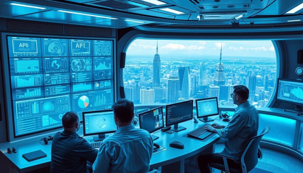 A futuristic infrastructure control center, with a vast array of monitors, holographic displays, and advanced data visualizations. Sleek metallic surfaces, soft blue lighting, and a sense of technological prowess pervade the scene. In the foreground, a team of technicians expertly navigate the system, managing API integrations, scaling services, and monitoring billing data. The background showcases a panoramic view of a bustling, high-tech city skyline, hinting at the broader scope of the infrastructure's reach and impact. The overall atmosphere is one of efficiency, innovation, and a forward-thinking approach to technology-driven business solutions.