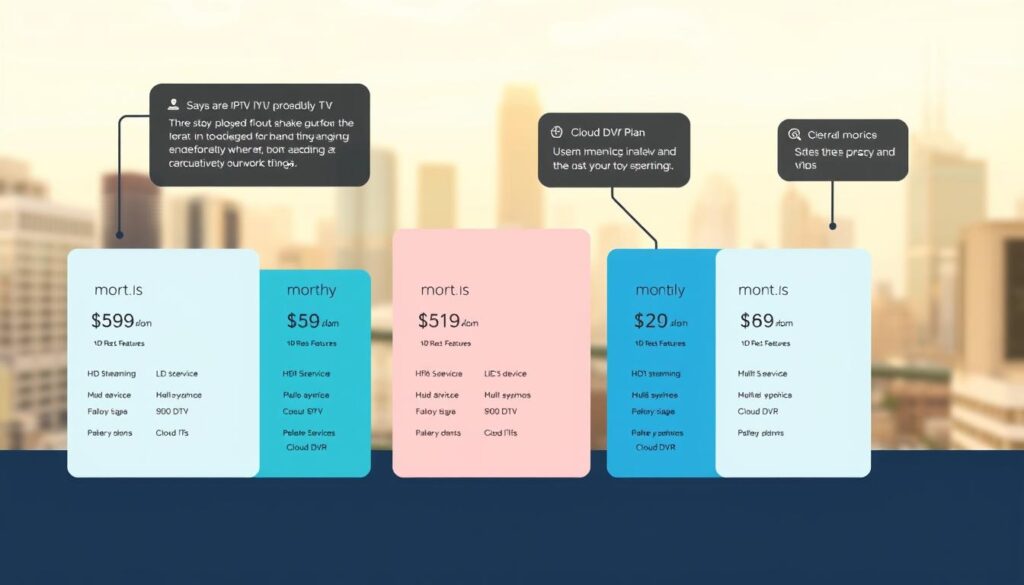 A high-contrast, digital illustration of an IPTV service's pricing plans, with a clean and modern aesthetic. The foreground features various plan options displayed on sleek, minimalist pricing cards, each showcasing the monthly cost, key features, and value proposition. The middle ground includes subtle callouts highlighting the plan's benefits, such as HD streaming, multi-device support, and cloud DVR. The background features a soft, blurred cityscape representing the urban setting where the IPTV service is tailored for, conveying a sense of sophistication and practicality. The overall mood is professional, informative, and designed to assist the viewer in making an informed decision about the right IPTV service.