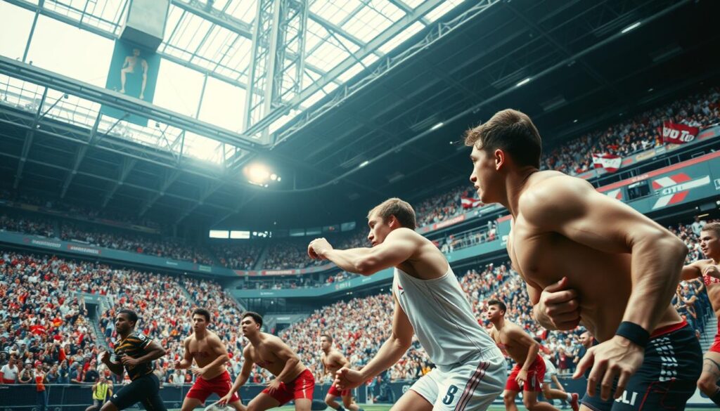 A high-energy sports scene, captured with cinematic flair. In the foreground, a group of athletes engaged in a fiercely competitive match, their muscular bodies in motion, sweat glistening under dramatic lighting. The middle ground showcases the excitement of the stadium, filled with cheering fans waving team flags and banners. In the background, the towering architecture of the sports complex looms, framing the action with a sense of grandeur. The camera angle is dynamic, placing the viewer right in the heart of the thrilling event, immersed in the sights, sounds, and energy of top-level competition.