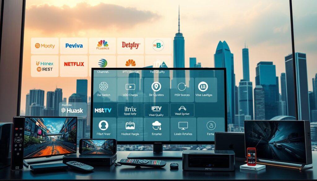 A high-quality, detailed image of various IPTV service offerings. In the foreground, an array of modern smart TV devices, remote controls, and mobile devices, showcasing the diverse platforms supported by IPTV. In the middle ground, a grid of service logos, icons, and feature callouts, highlighting the key capabilities of each provider, such as channel selection, video quality, and customer support. In the background, a sleek, futuristic cityscape with towering skyscrapers, suggesting the advanced infrastructure and global reach of IPTV technologies. The scene is bathed in a warm, inviting lighting, conveying the reliability and accessibility of these innovative entertainment services.