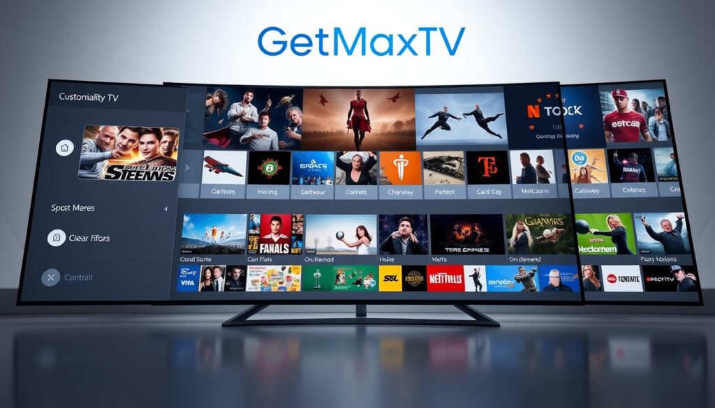 A high-quality, elegantly designed IPTV service interface showcasing the GetMaxTV brand. The foreground features a sleek, intuitive dashboard with customizable content tiles and a crisp, uncluttered layout. The middle ground highlights a diverse selection of channels, genres, and on-demand titles, conveying the depth and breadth of the platform's content library. In the background, a subtle geometric pattern and soothing color palette create a sense of sophistication and professionalism. Soft, natural lighting accentuates the clean, modern aesthetic, while a low-angle perspective suggests a premium, user-centric experience. The overall mood is one of refinement, reliability, and a commitment to providing a superior IPTV service.