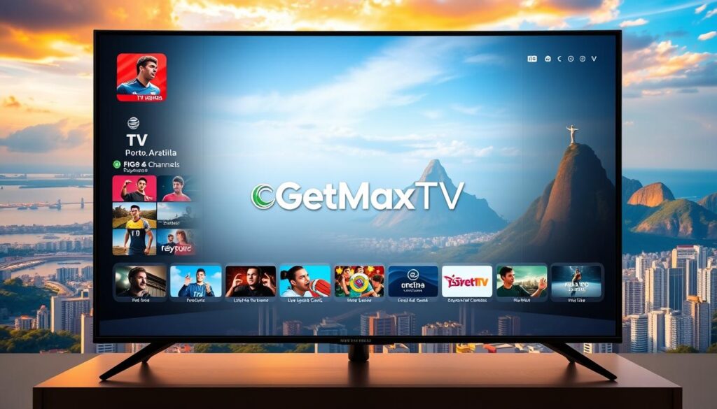 A high-quality, sleek and modern smart TV display showcasing the GetMaxTV user interface and logo, positioned prominently in the center. The screen is flanked by detailed icons and imagery representing the extensive range of Brazilian TV channels, live sports events, and on-demand content available through the IPTV service. The background features a vibrant, colorful cityscape of Rio de Janeiro, with landmarks like the Christ the Redeemer statue and Sugarloaf Mountain visible in the distance, bathed in warm, golden lighting to evoke a sense of tropical vibrancy. The entire scene conveys a feeling of premium entertainment, cutting-edge technology, and the best of Brazilian culture and media.